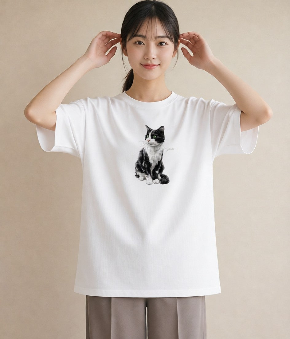 Tシャツ レディース メインクーン 猫 ねこ イラスト 淡色 通勤 在宅 白T YMAZO