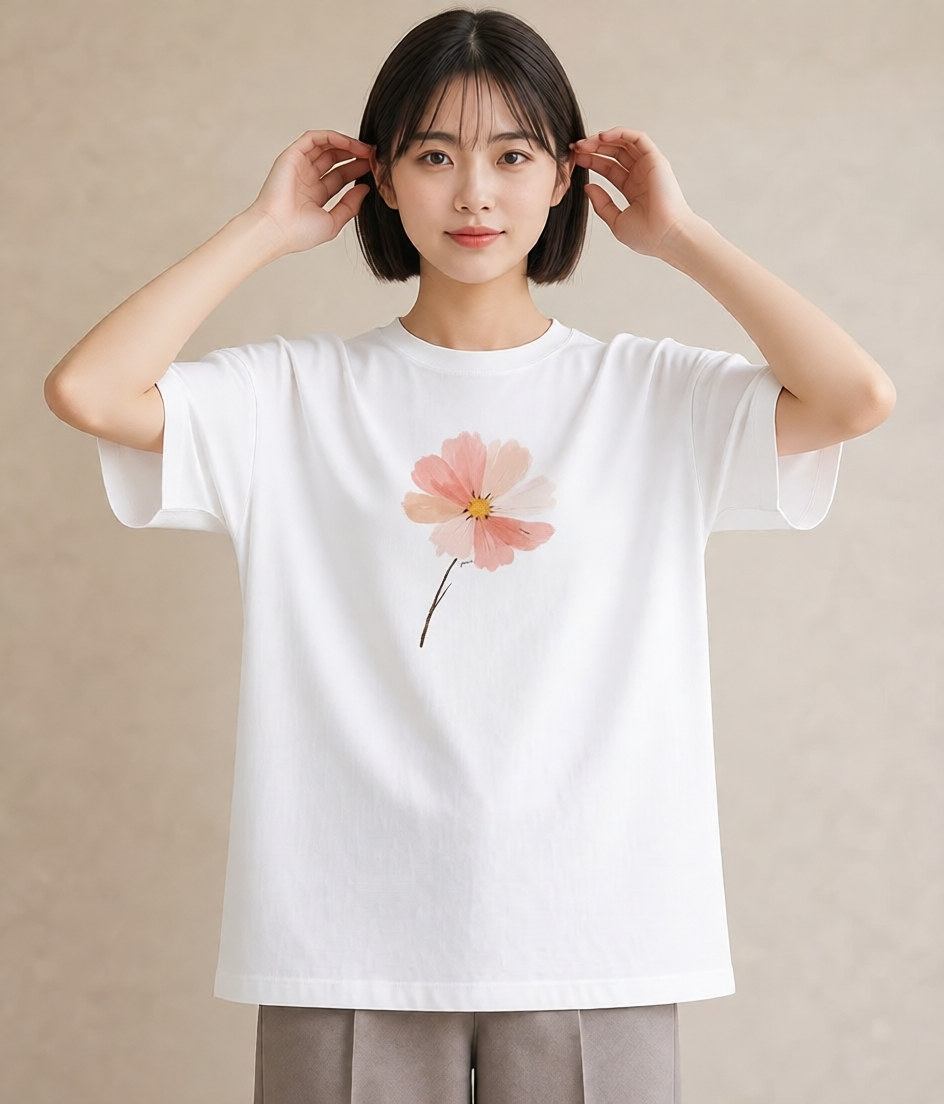 プリントTシャツ レディース ミモザ 花 花柄 イラスト ミニマル ペアコーデ 秋コーデ 白T
