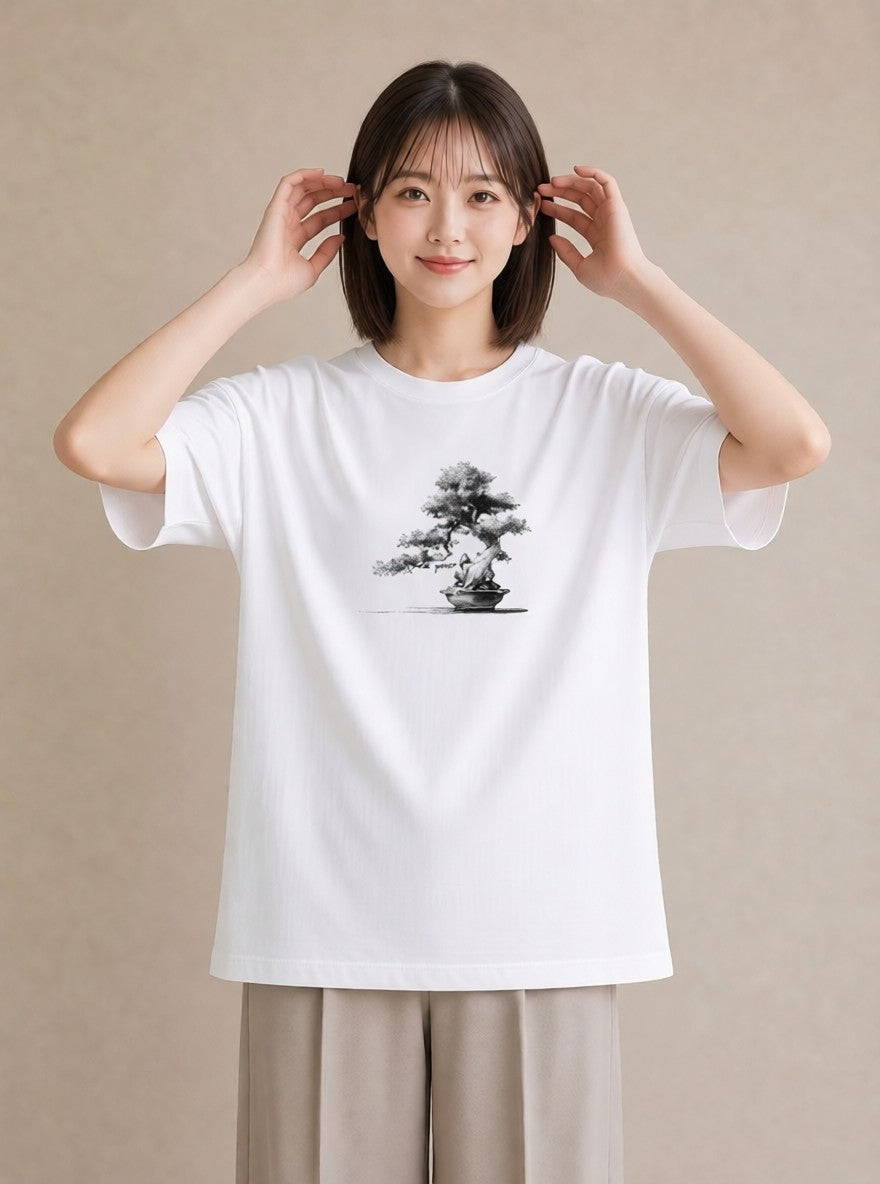 半袖Tシャツ レディース 盆栽 植物 ボタニカル イラスト ゆるかわ カジュアルコーデ 買い物 白T YMAZO