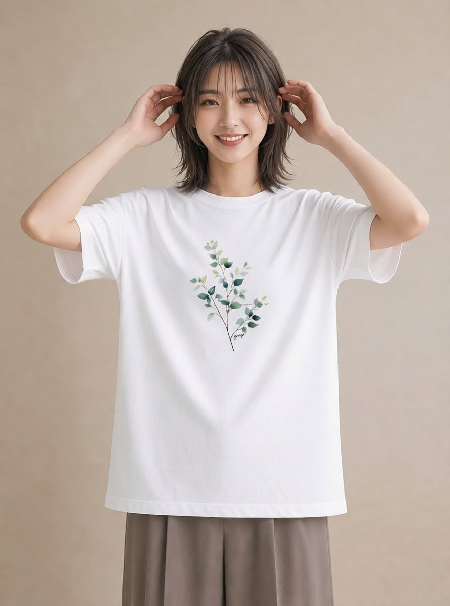 Tシャツ レディース 新緑 植物 ボタニカル イラスト ゆるコーデ カフェ巡り 女子会 白T YMAZO