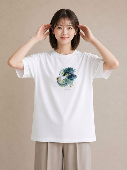 グラフィックTシャツ レディース ベンガル 猫 ねこ イラスト ミニマル 秋コーデ おしゃれギフト 白T YMAZO