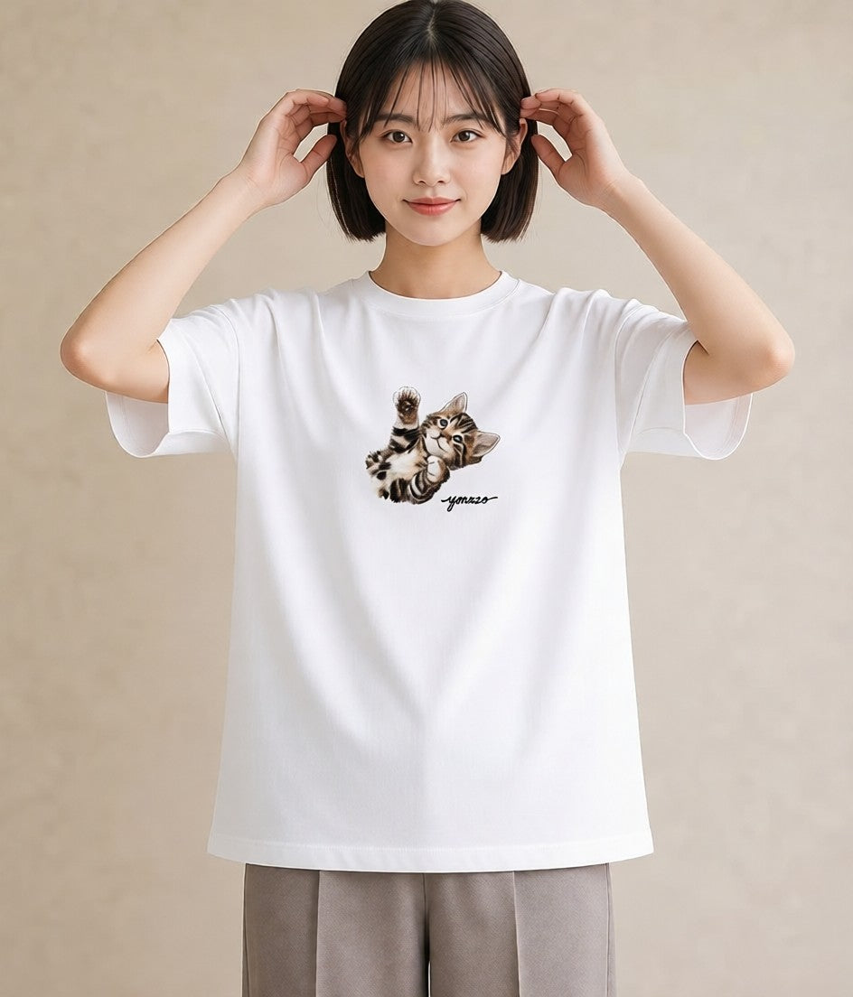 デザインTシャツ レディース 猫の手 猫 ねこ イラスト アート風 休日 ペアコーデ 白T YMAZO