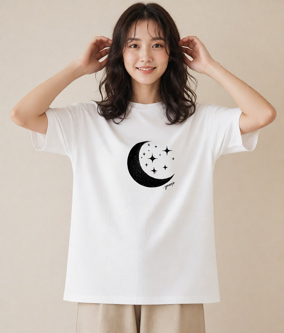 Tシャツ レディース 月と星 星空 ムーン イラスト モード 姉妹 送別ギフト 白T YMAZO