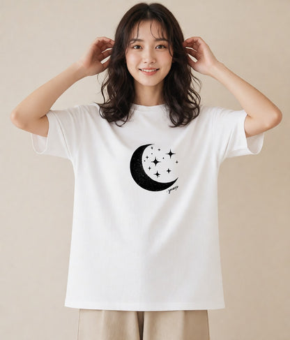 Tシャツ レディース 月と星 星空 ムーン イラスト モード 姉妹 送別ギフト 白T YMAZO