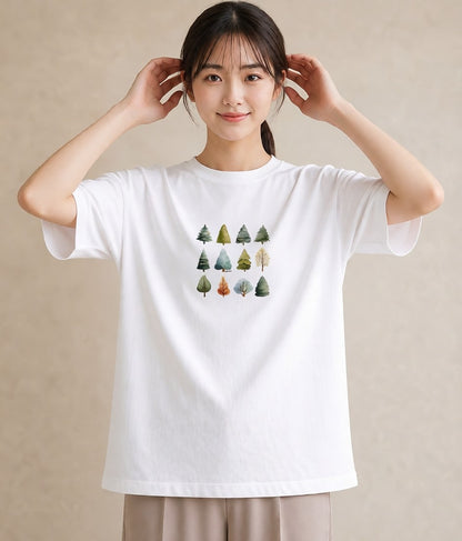 グラフィックTシャツ レディース 森 植物 ボタニカル イラスト 淡色 ミセス 春コーデ 白T YMAZO
