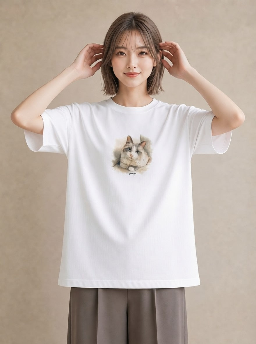 Tシャツ レディース ねこ 猫 ネコ イラスト 可愛い ホワイトデー 春服 白T YMAZO