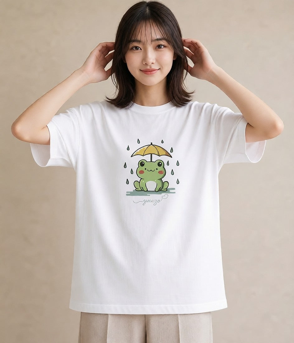 プリントTシャツ レディース 傘 水たまり 雨 ナチュラル アンティーク イラスト きれいめ デート 帰省 白T YMAZO