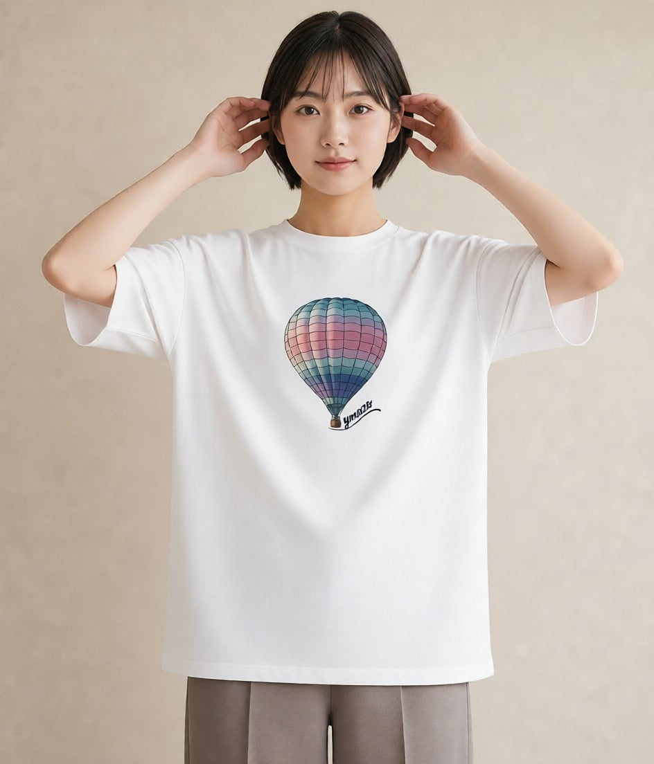 デザインTシャツ レディース 気球 星空 宇宙 イラスト 北欧風 デイリーウェア 休日 白T YMAZO