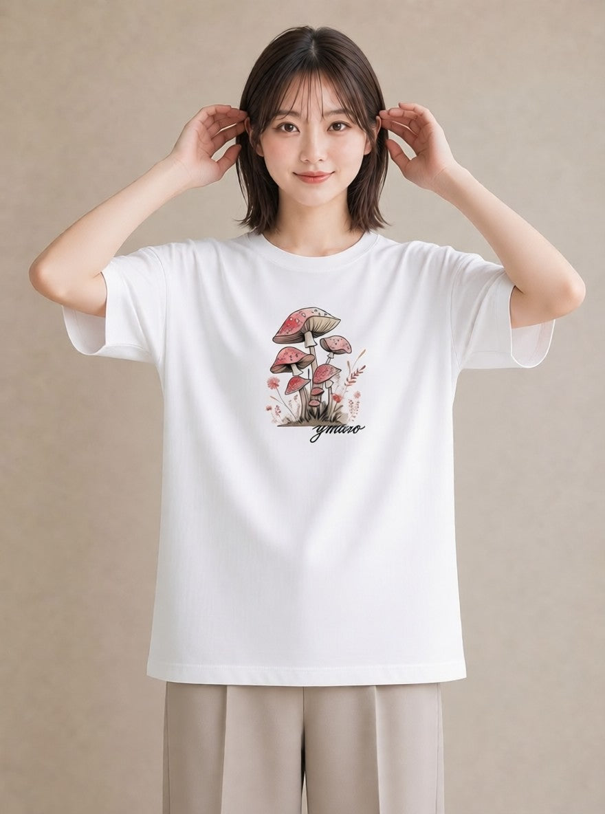 Tシャツ レディース きのこ 植物 ボタニカル イラスト 線画 自分用 ルームウェア 白T YMAZO