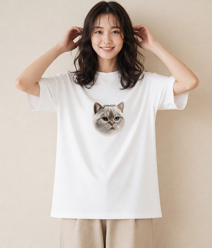 プリントTシャツ レディース シャム柄 猫 ねこ イラスト きれいめカジュアル 春服 ミセス 白T YMAZO