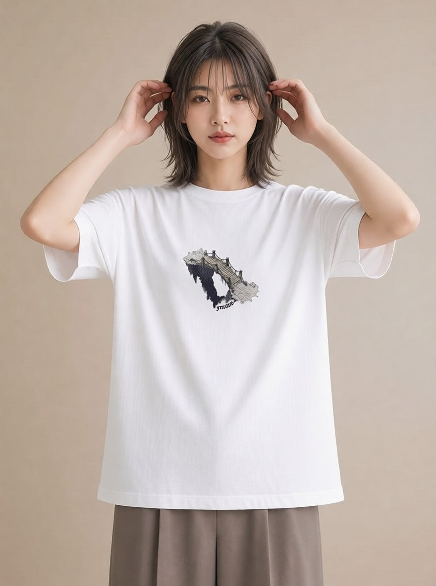 Tシャツ レディース 小川 橋 せせらぎ ナチュラル アンティーク イラスト ラフ 旅行用 海 白T YMAZO