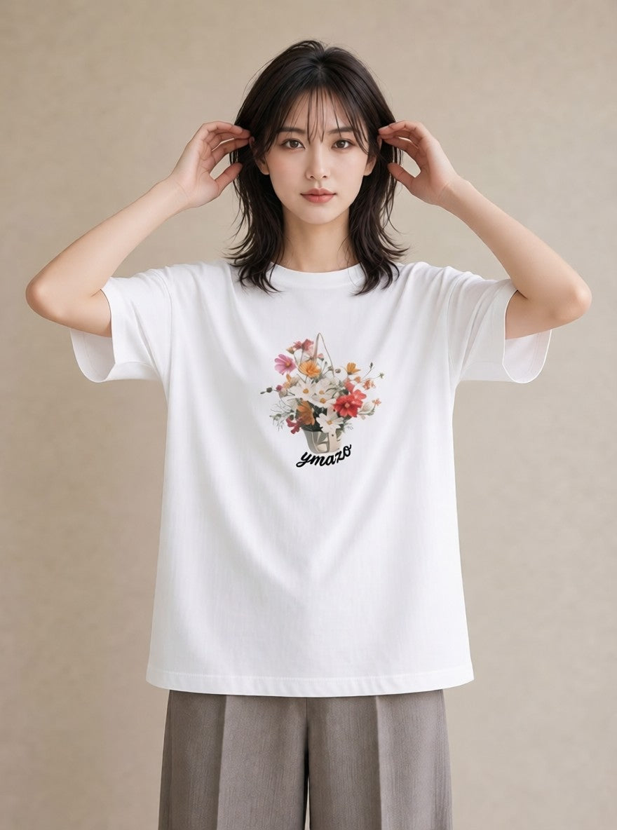 プリントTシャツ レディース 自転車のかご 自転車 花かご ナチュラル アンティーク イラスト 秋コーデ おしゃれギフト 白T YMAZO