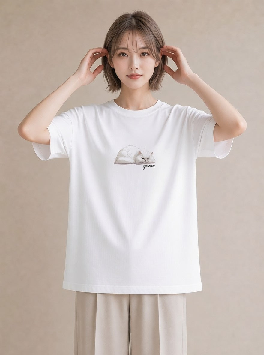 デザインTシャツ レディース スコティッシュフォールド 猫 ねこ イラスト 母の日 ビーチ 白T YMAZO