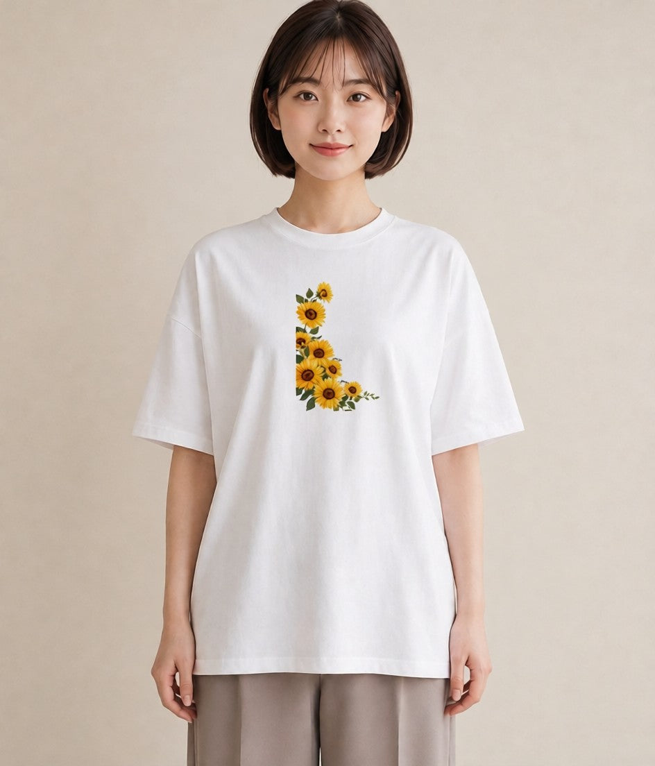 プリントTシャツ レディース ひまわり 向日葵 花 花柄 イラスト こなれ感 送別ギフト 通勤 白T