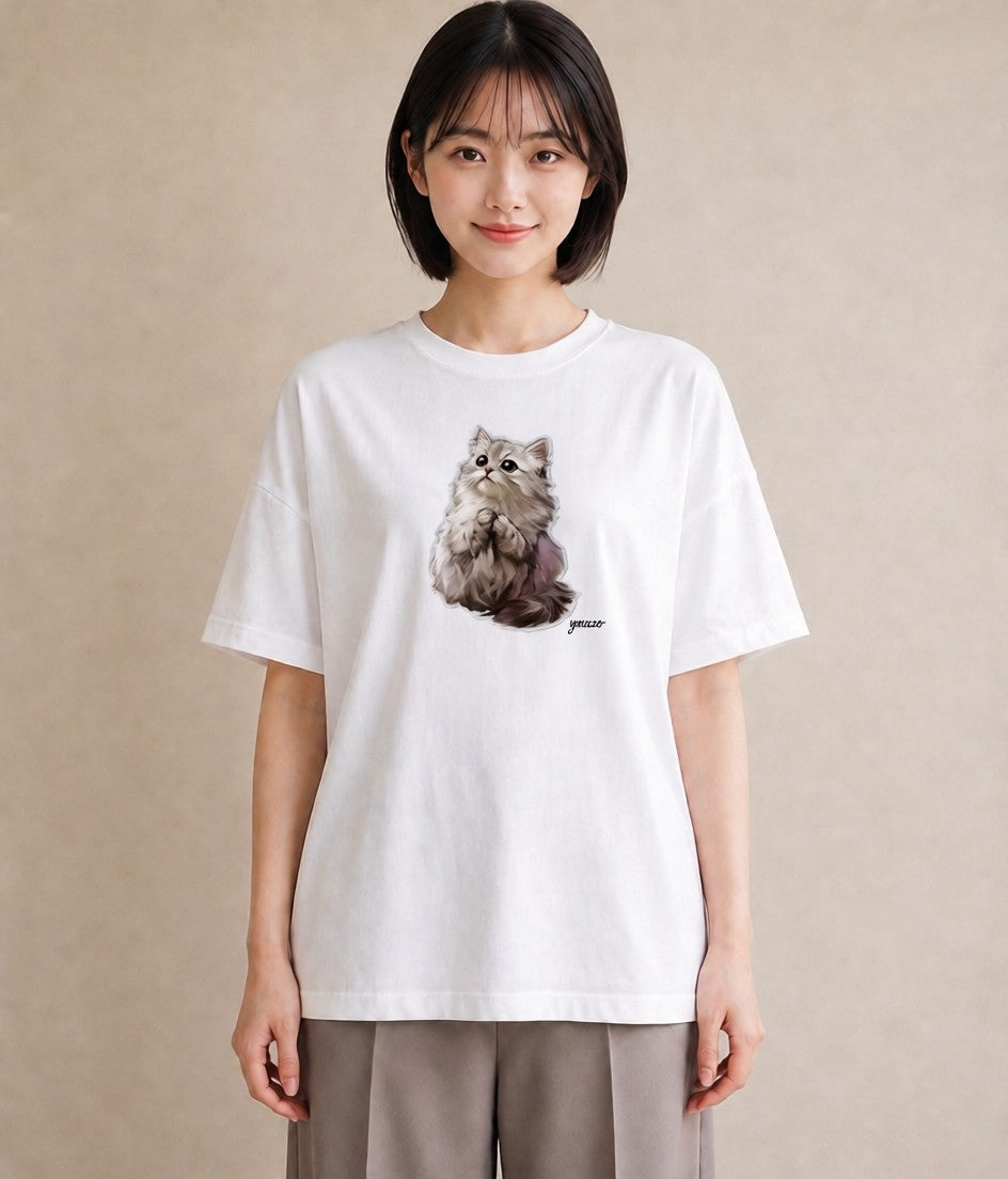 半袖Tシャツ レディース スコティッシュフォールド 猫 ねこ イラスト きれいめ カフェ服 クリスマス 白T YMAZO