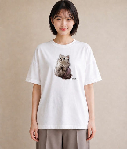 半袖Tシャツ レディース スコティッシュフォールド 猫 ねこ イラスト きれいめ カフェ服 クリスマス 白T YMAZO