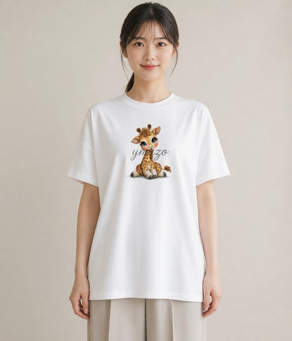 半袖Tシャツ レディース きりん 動物 アニマル イラスト レトロ クリスマス 旅行 白T YMAZO