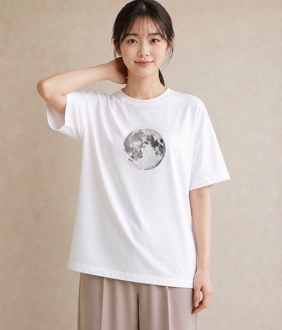 半袖Tシャツ レディース 満月 星空 宇宙 イラスト 個性的 買い物 夏コーデ 白T YMAZO