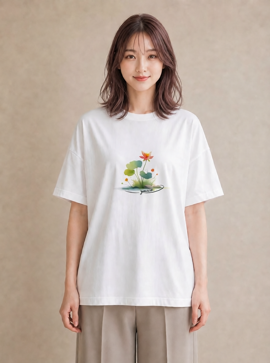 グラフィックTシャツ レディース 蓮 花 花柄 イラスト 個性的 旅行用 海 白T
