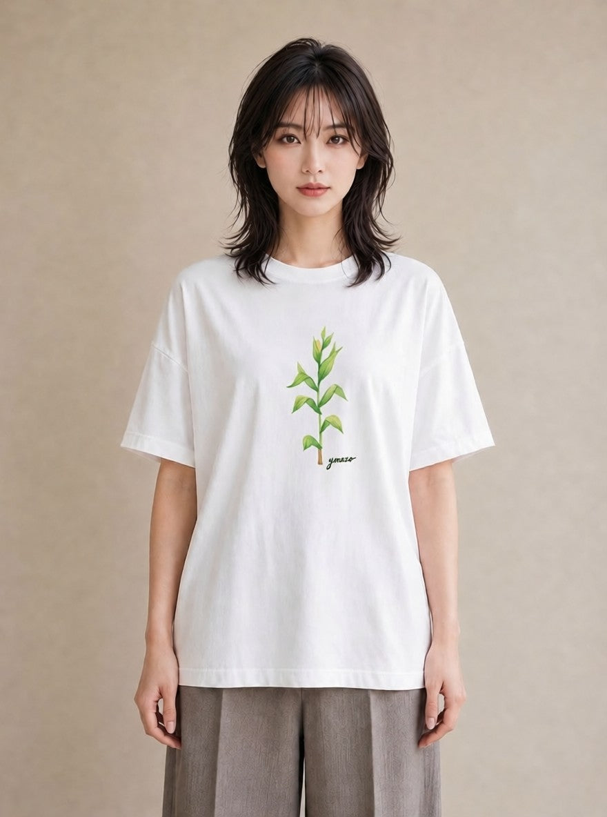 グラフィックTシャツ レディース 芝生 植物 ボタニカル イラスト ナチュラル ラフ レイヤード 白T YMAZO