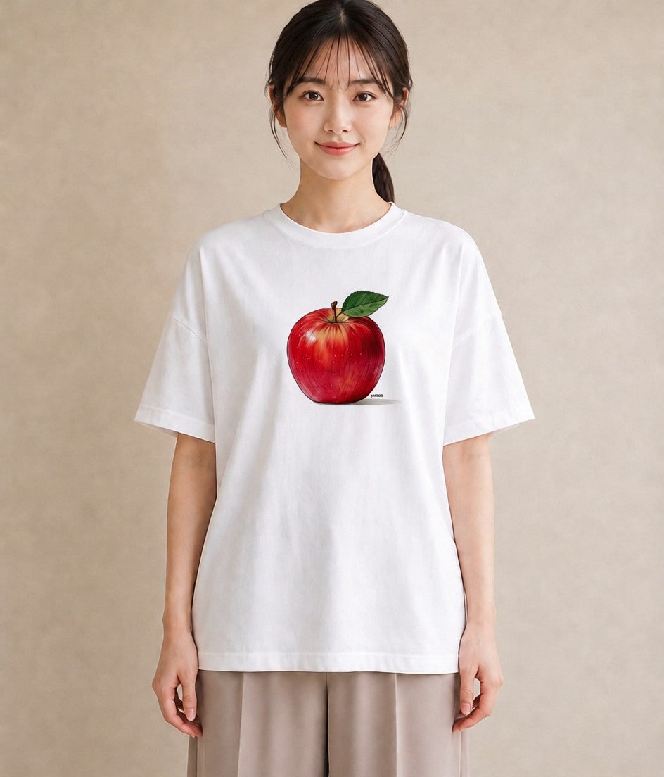 半袖Tシャツ レディース りんご 林檎 アップル 食べ物 フード イラスト レトロ カフェ服 クリスマス 白T YMAZO