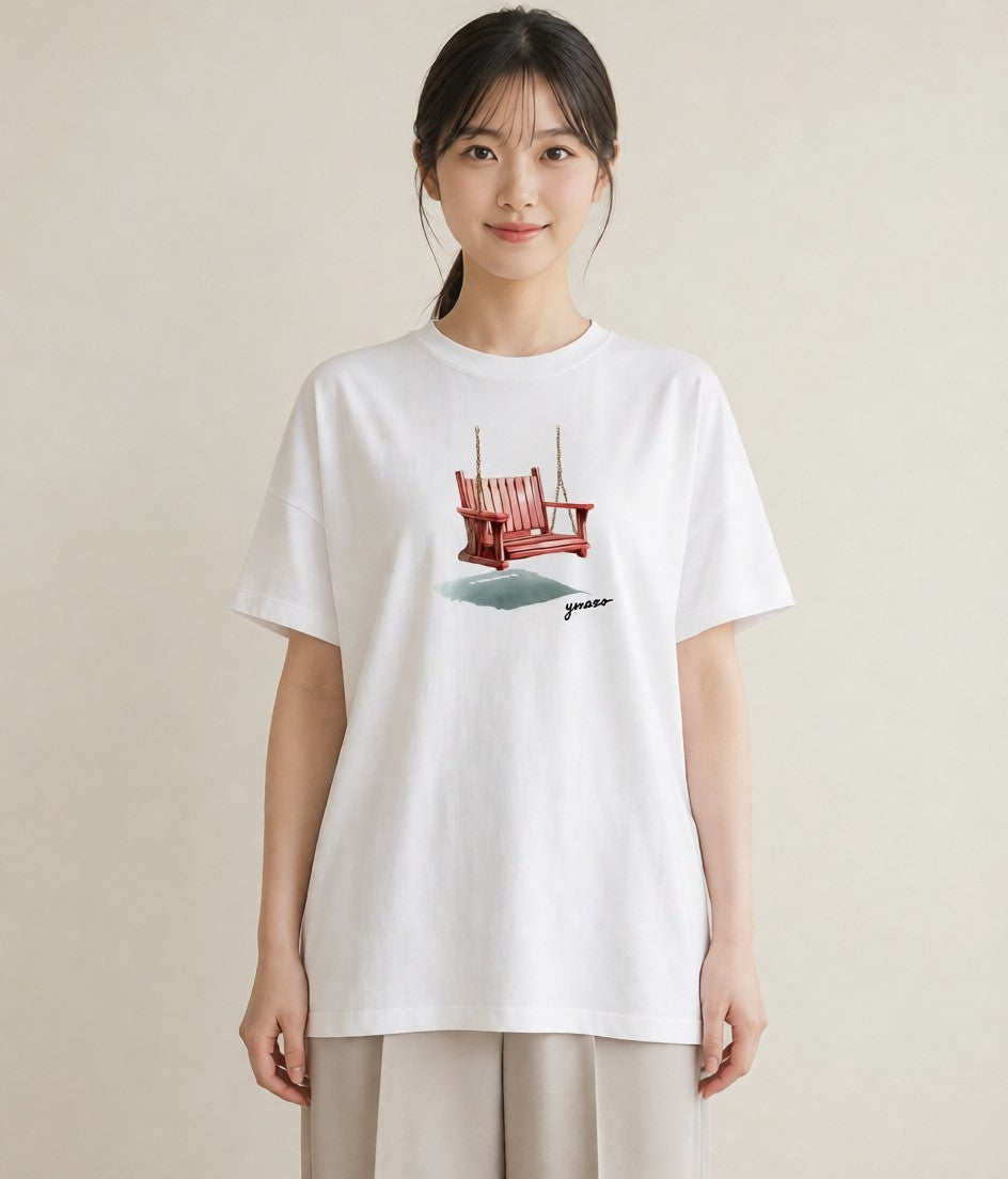 半袖Tシャツ レディース 雨上がりのベンチ ベンチ ナチュラル アンティーク イラスト アート風 休日 ペアコーデ 白T YMAZO
