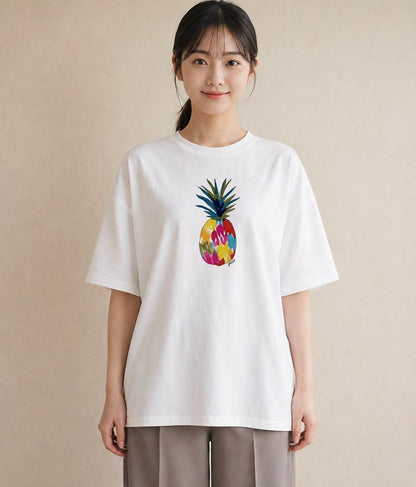 プリントTシャツ レディース パイナップル 食べ物 フード イラスト フェミニン 春服 ミセス 白T YMAZO