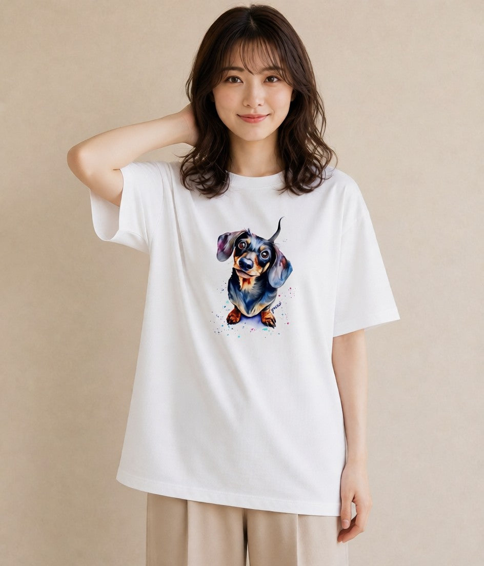 デザインTシャツ レディース ミニチュアダックスフンド 犬 いぬ イラスト ガーリー お出かけ 普段着 白T YMAZO