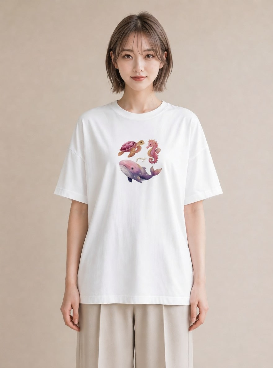デザインTシャツ レディース タツノオトシゴ 海の生き物 海 イラスト ラフカジュアル お出かけ 普段着 白T YMAZO