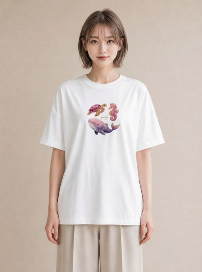 デザインTシャツ レディース タツノオトシゴ 海の生き物 海 イラスト ラフカジュアル お出かけ 普段着 白T YMAZO