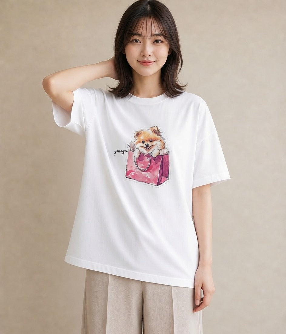 プリントTシャツ レディース ポメラニアン ポメ 犬 いぬ イラスト ラフ 通勤 在宅 白T YMAZO