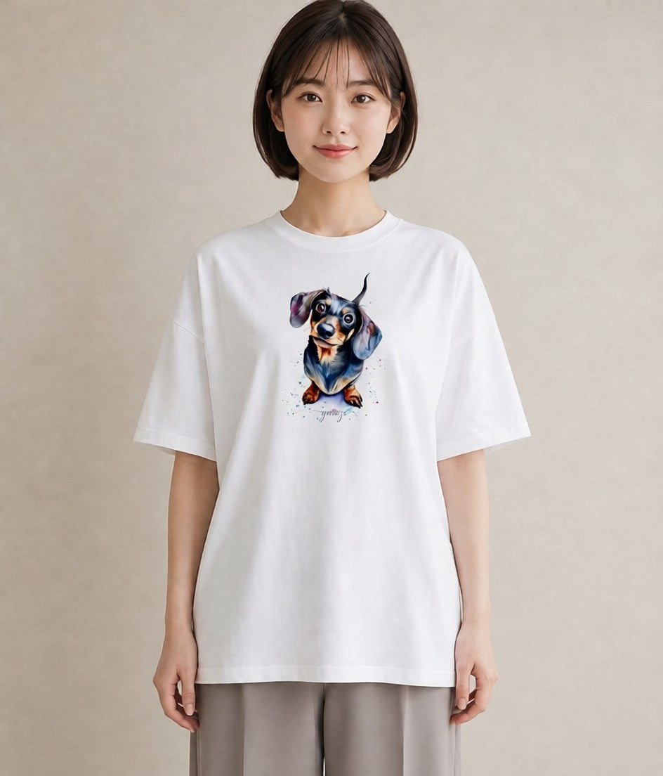 半袖Tシャツ レディース ミニチュアダックスフンド 犬 いぬ イラスト ヴィンテージ風 ギフト 母の日 白T YMAZO