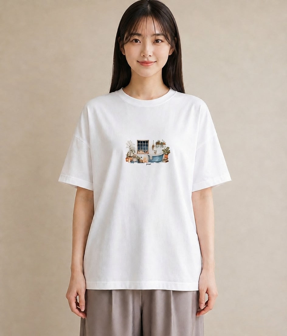 プリントTシャツ レディース 窓辺の雨 雨の日 窓 ナチュラル アンティーク イラスト お洒落 秋コーデ おしゃれギフト 白T YMAZO