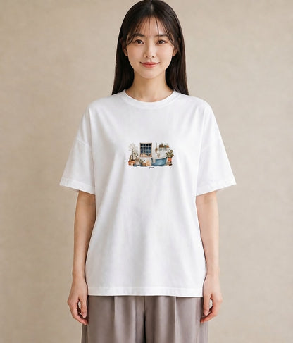 プリントTシャツ レディース 窓辺の雨 雨の日 窓 ナチュラル アンティーク イラスト お洒落 秋コーデ おしゃれギフト 白T YMAZO
