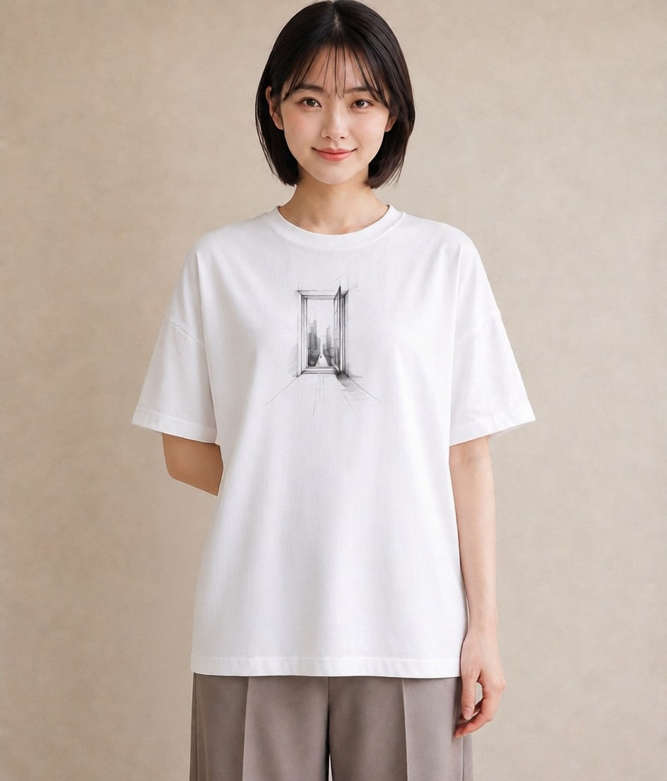 プリントTシャツ レディース 窓辺の雨 雨の日 窓 ナチュラル アンティーク イラスト ガーリー 敬老の日 ホワイトデー 白T YMAZO