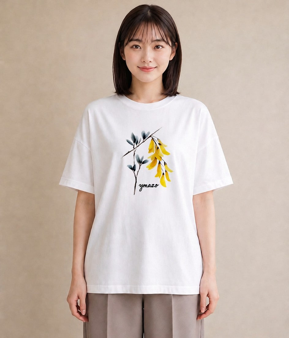 半袖Tシャツ レディース ミモザ 花 花柄 イラスト 淡色 カジュアルコーデ 買い物 白T YMAZO