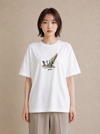 Tシャツ レディース 小川 橋 せせらぎ ナチュラル アンティーク イラスト ゆるかわ デート 帰省 白T YMAZO