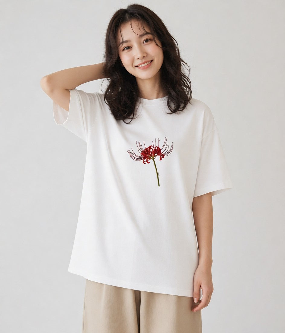 グラフィックTシャツ レディース 彼岸花 花 花柄 イラスト ヴィンテージ風 散歩 お出かけ 白T YMAZO