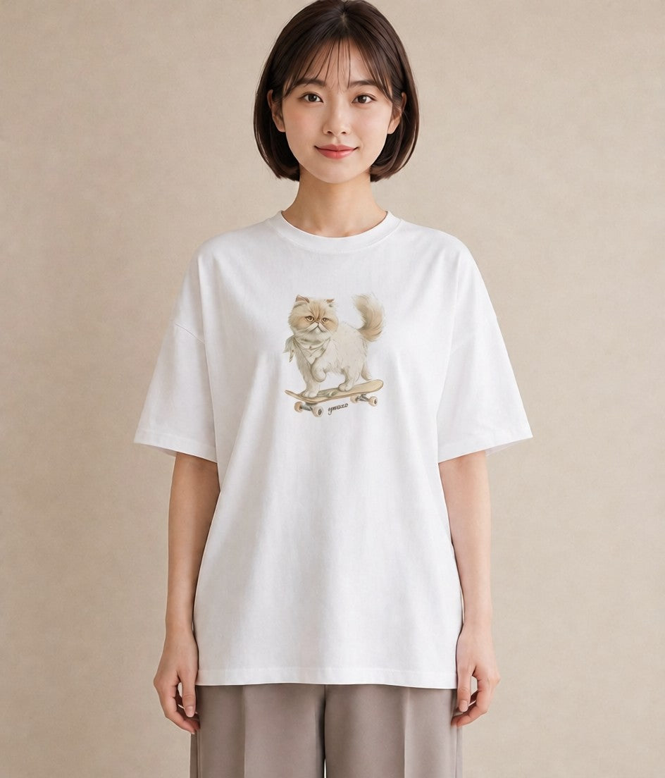 Tシャツ レディース ペルシャ 猫 ねこ イラスト 個性的 春服 ミセス 白T YMAZO