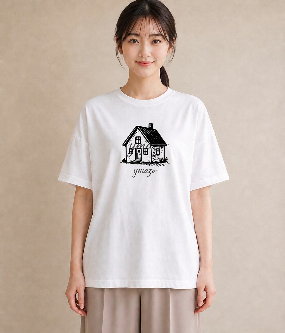 グラフィックTシャツ レディース 灯りの家 小屋 夜 ナチュラル アンティーク イラスト きれいめ カフェ巡り 女子会 白T YMAZO