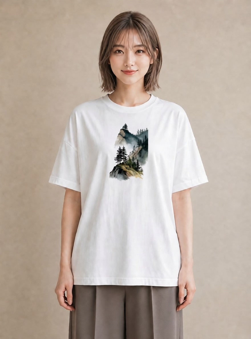 プリントTシャツ レディース 山 星空 宇宙 イラスト ラフ デイリーウェア 休日 白T YMAZO