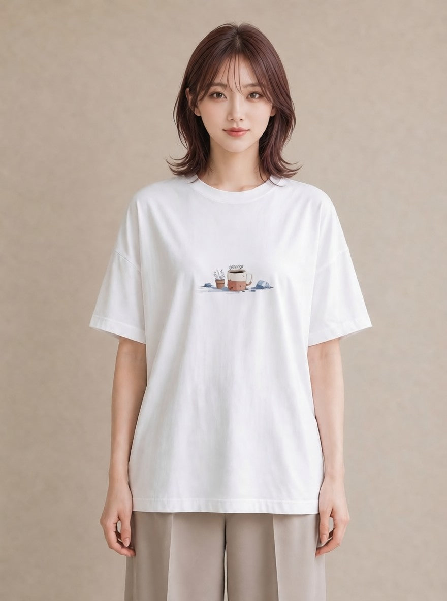 半袖Tシャツ レディース コーヒー 珈琲 カフェ 食べ物 フード イラスト 女性 旅行用 白T YMAZO