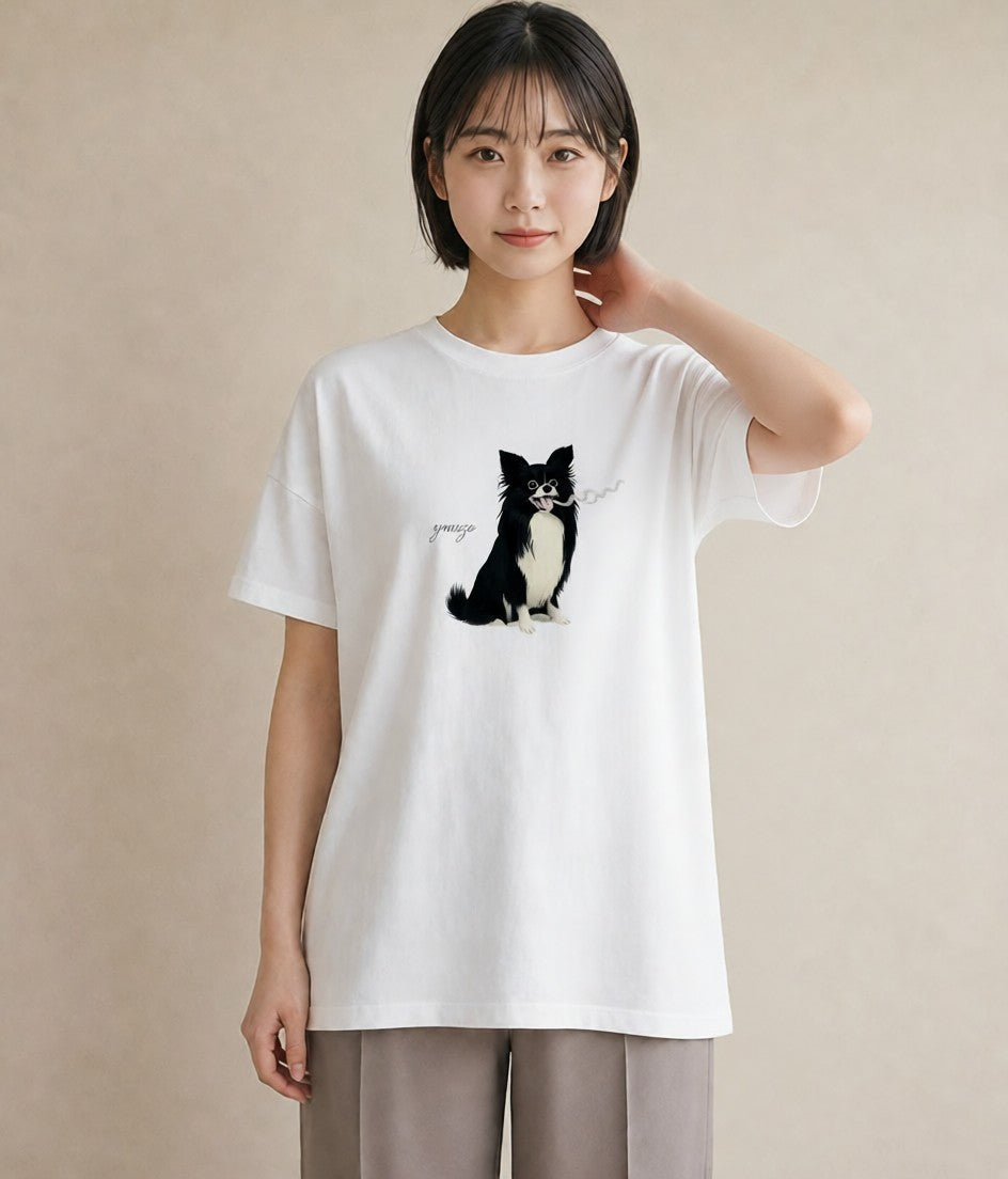 プリントTシャツ レディース ロングコートチワワ 犬 いぬ イラスト 可愛い お出かけ 普段着 白T YMAZO
