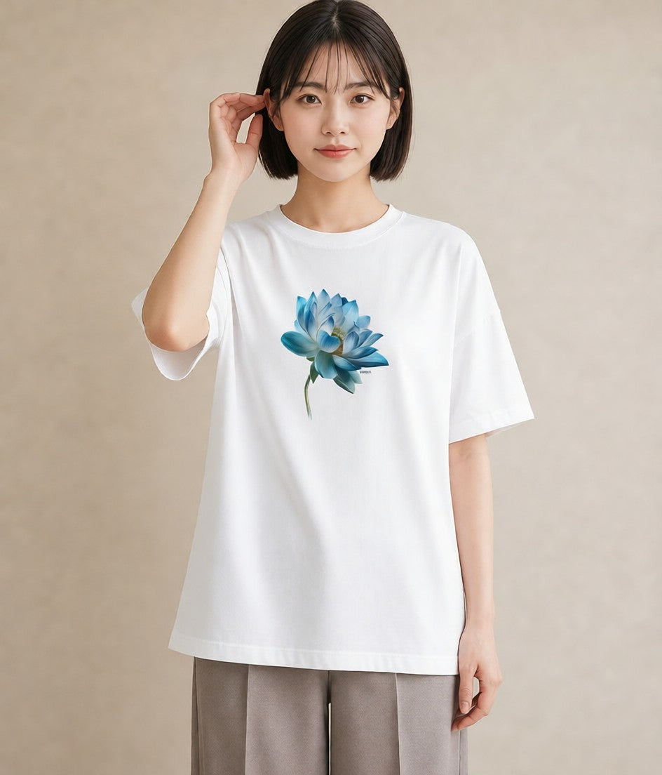 半袖Tシャツ レディース 蓮 花 花柄 イラスト モード 20代 カジュアルコーデ 白T