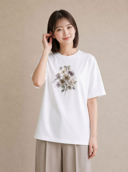 プリントTシャツ レディース 花 花柄 イラスト 買い物 夏コーデ 白T YMAZO