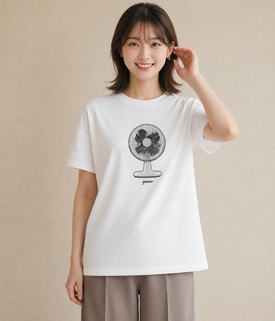 Tシャツ レディース 扇子 そよ風 ナチュラル アンティーク イラスト 休日コーデ 秋コーデ おしゃれギフト 白T YMAZO