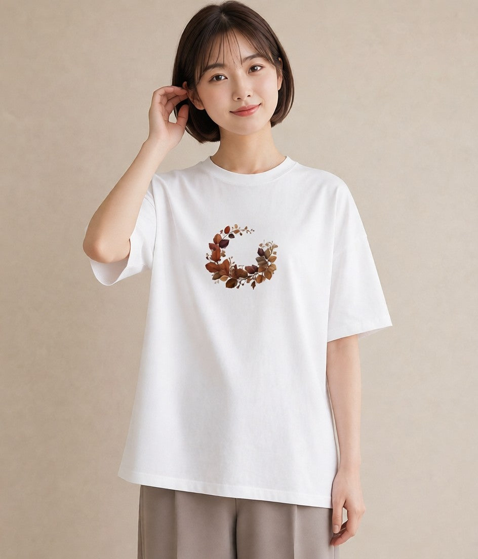 半袖Tシャツ レディース 落ち葉 植物 ボタニカル イラスト 上品 夏コーデ 通学 白T YMAZO