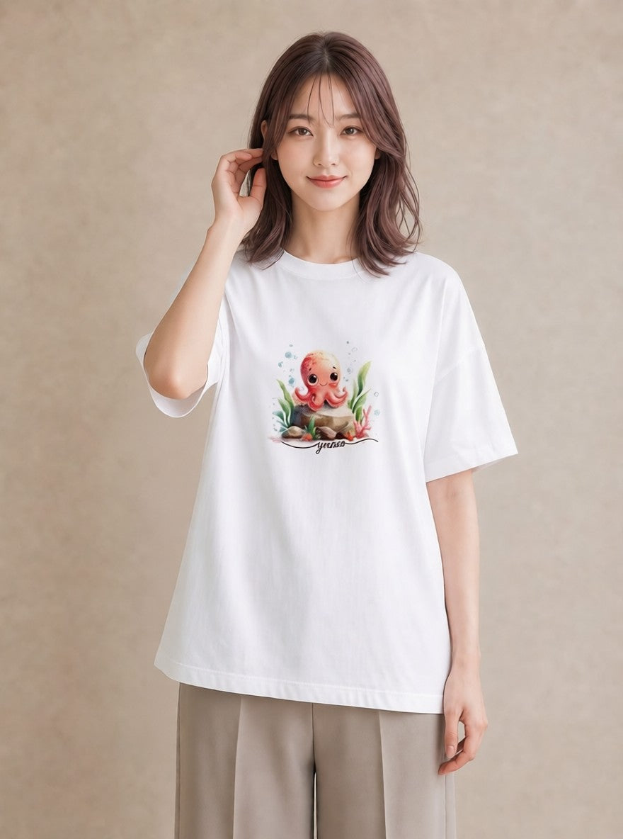 グラフィックTシャツ レディース イカ 海の生き物 海 イラスト 北欧風 敬老の日 ホワイトデー 白T YMAZO