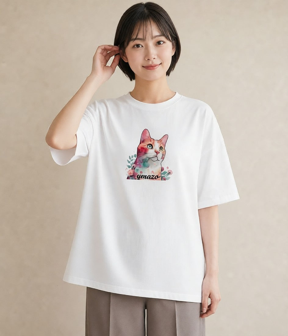 プリントTシャツ レディース ねこ 猫 ネコ イラスト 水彩風 母の日 ビーチ 白T YMAZO