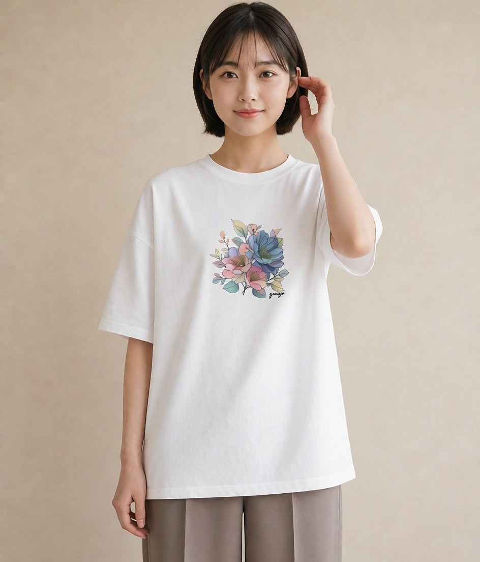 デザインTシャツ レディース あさがお 朝顔 花 花柄 イラスト シック 姉妹 送別ギフト 白T YMAZO